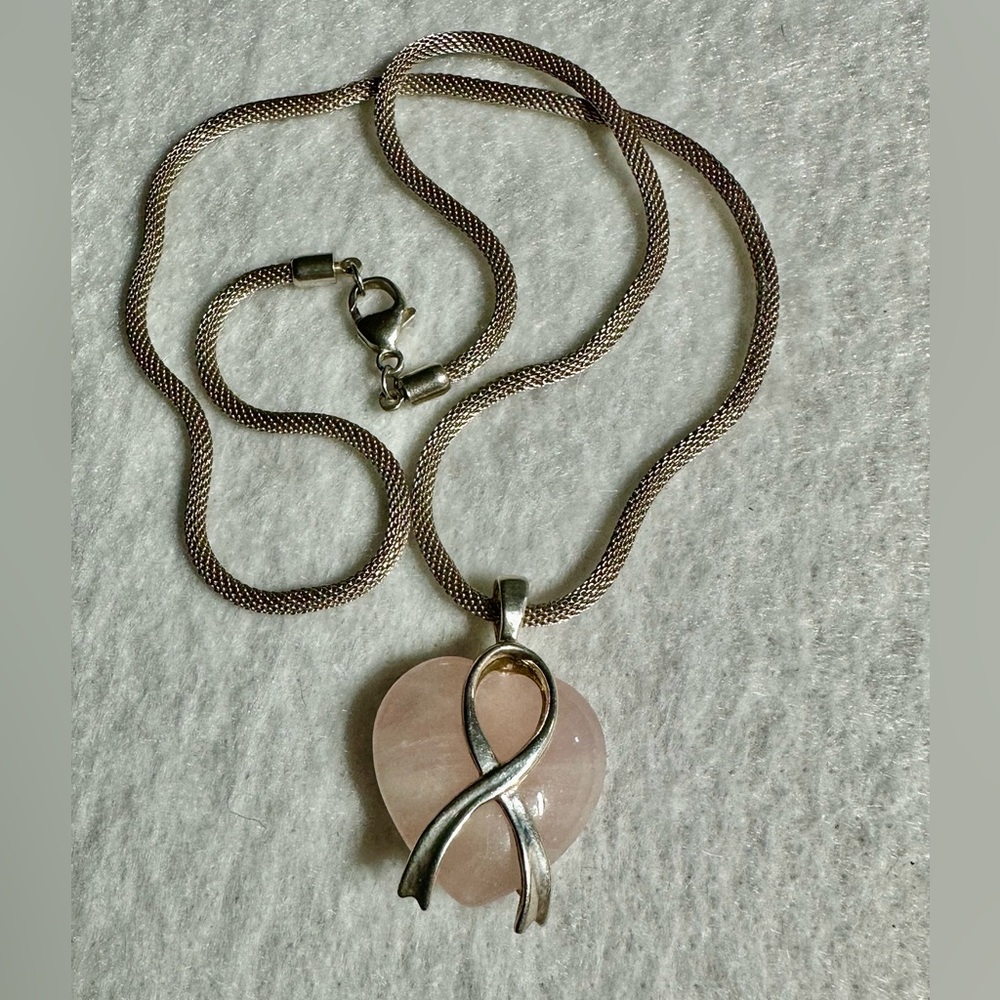 Shube 925 Silver & Heart Shaped Pink Jade Awareness Pendant Necklace 20” lot 766